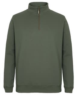 A green brass 1/2 zip jumper with long sleeves and a stand-up collar. It features a zip closure and has a logo.