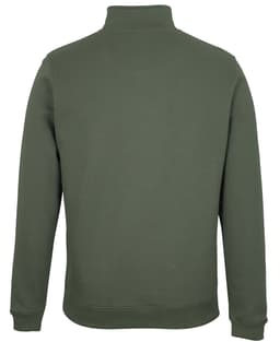 A green 1/2 zip sweat jumper with a high collar and long sleeves, featuring a logo on the back.