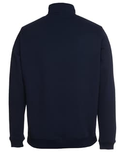 A navy blue 1/2 zip sweat jumper with a plain back and a collar. It features a logo.