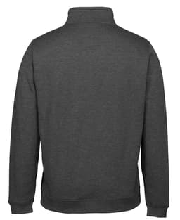 A charcoal grey 1/2 zip sweatshirt featuring a high collar and long sleeves, with a logo on the back.