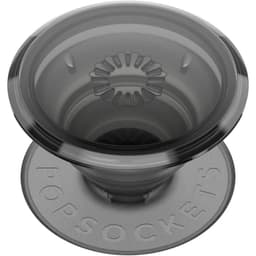 A translucent grey PopSocket with a textured grip and a central floral design, featuring branding on the base.