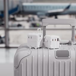 A white travel plug sits on a silver suitcase, with an airport background featuring blurred planes and terminals.