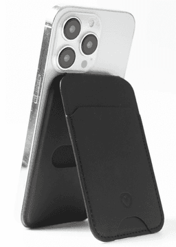 A black Card Wallet MagSafe Stand attached to a clear smartphone with three camera lenses. The product has a logo on it.