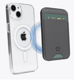 A transparent phone case with a MagSafe feature, paired with a black card wallet, showcasing a sleek design.