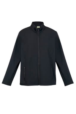 A black men's soft shell jacket featuring a zip front and side pockets, with a branded logo.