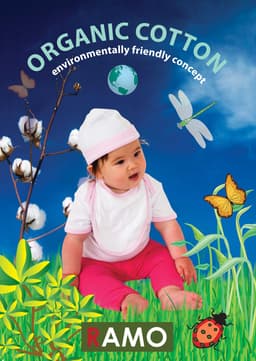A baby wearing a white hat and pink bib sits amidst greenery, with butterflies and cotton plants in the background.