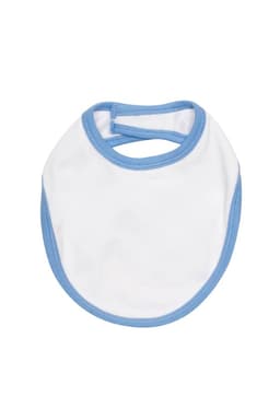 A white baby bib with blue trim, featuring a rounded shape and a neck opening. It has a simple design and a logo.
