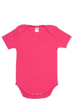 A pink baby short sleeve romper with snap closures at the bottom and a rounded neckline.