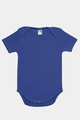 A baby short sleeve romper in a vibrant blue, featuring snap closures at the bottom and a smooth fabric finish.