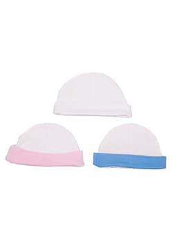 Three baby caps in white, pink, and blue, featuring a soft, stretchy design. Each cap has a branded logo.