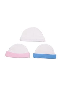 A set of three baby caps in white, pink, and blue. Each cap features a rolled brim and is soft in texture.