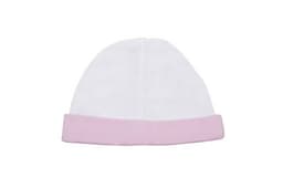 A white baby cap with a soft pink band at the bottom and a seam running down the centre.