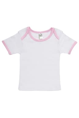 A white baby short sleeve tee with pink trim, featuring a tag inside and no visible branding.