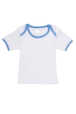 A white baby short sleeve tee with light blue trim and a small logo on the collar.