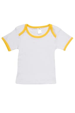 A Baby Short Sleeve Tee in white with yellow trim. It features a round neck and has a small logo.