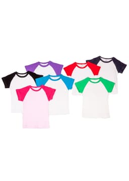 A raglan T-shirt in light purple with hot pink sleeves, featuring a logo on the label inside.