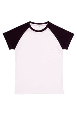 A babies' raglan T-shirt with a white body and black sleeves. The shirt features a logo on the label.