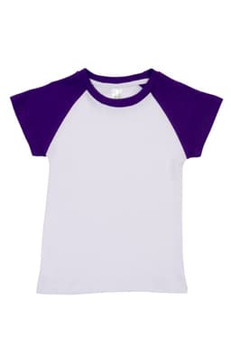 A white babies raglan T-shirt with purple short sleeves and a logo on the label.