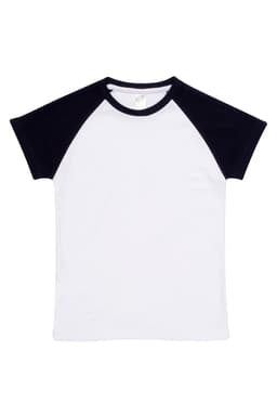 A white raglan T-shirt with black sleeves, featuring a tag inside and a simple design.