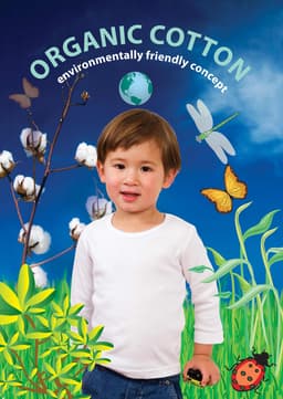 A long-sleeve white T-shirt is worn by a child standing amidst a nature-themed background with greenery and animals.