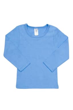 A blue long-sleeve T-shirt for babies with a round neckline and long sleeves. It features a tag inside.