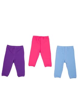 Three pairs of baby pants in purple, pink, and light blue, featuring elasticated waistbands.