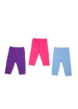 Three pairs of baby pants in purple, pink, and light blue, displayed side by side. Each pair has an elastic waistband.