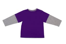 A purple T-shirt with grey long sleeves and a button detail on the shoulder. It has a logo on the front.