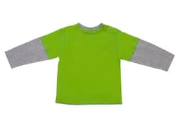 A green kid's double sleeve T-shirt with grey long sleeves and a simple design. It features a small button detail.