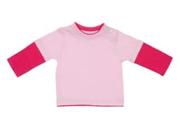 A pink and white kid's double sleeve T-shirt featuring long pink sleeves and a snap button at the shoulder.