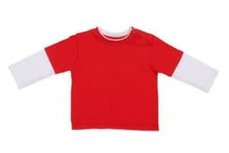 A red kid's double sleeve T-shirt featuring long white sleeves and a button detail on the shoulder.