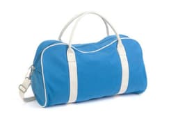 A blue duffel bag with white straps and a shoulder strap, featuring a logo on one side.