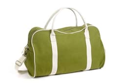 A green bag with white accents and handles, featuring a shoulder strap and a logo.