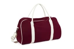 A burgundy bag with white straps and handles, featuring a logo on the side.
