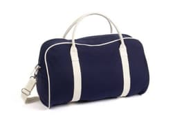 A navy bag with white accents and straps, featuring a shoulder strap and a logo.