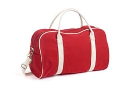 A red bag with white trim and handles, featuring a detachable shoulder strap and a branding logo.