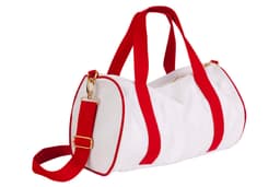 A white mini contrast bag with red straps and accents, featuring a gold zipper and a shoulder strap.