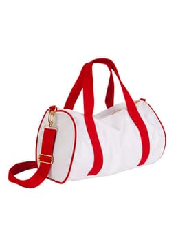 A white bag with red straps and accents, featuring a shoulder strap and gold-tone hardware.
