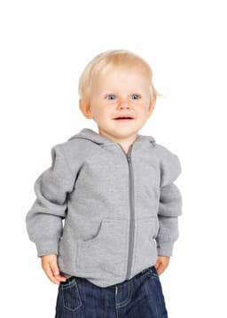 A grey fleece baby zip hoodie worn by a toddler, paired with denim jeans, standing against a white background.
