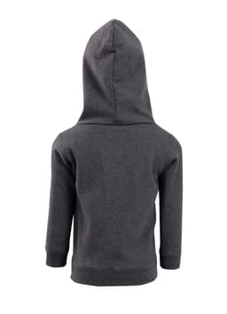 A grey fleece baby zip hoodie with a hood, featuring long sleeves and a fitted waist. It has a logo on the back.