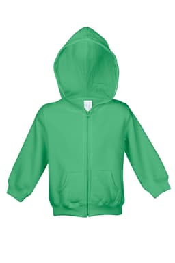 A green fleece baby zip hoodie with a hood and two front pockets, featuring a logo on the label.