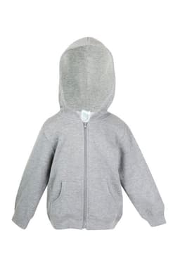 A grey fleece baby zip hoodie with a front zip and pockets, featuring a hood and ribbed cuffs.