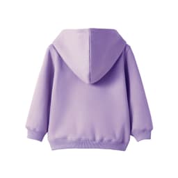 A purple fleece baby zip hoodie featuring a hood and long sleeves, with a logo on the back.