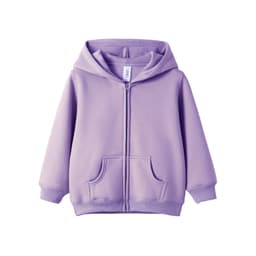 A purple fleece baby zip hoodie featuring a hood and front pockets, with a logo on the label.