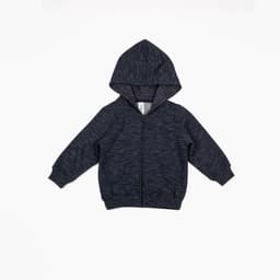 A fleece baby zip hoodie in navy blue, featuring a hood and front zipper. Includes branding on the label.