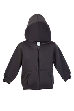 A black fleece baby zip hoodie with a front pocket and a hood, featuring a label inside.