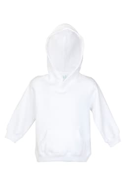 A white fleece baby zip hoodie with a front pocket and a hood. It features a logo on the front.