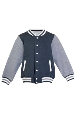 A navy and grey varsity jacket featuring a button-up front and striped ribbed cuffs and hem.