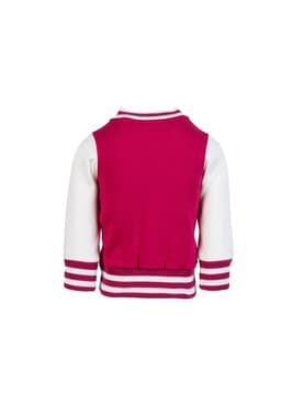 A babies' varsity jacket featuring a pink body and white sleeves, with striped cuffs and a logo on the back.