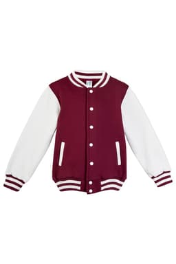 A maroon and white varsity jacket featuring striped cuffs and a button-up front. It has logo branding on it.